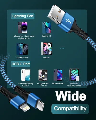 Vista 6 de Cable de carga múltiple 2 en 1, de 4 pies de largo, cable de carga múltiple USB a Lightning y puerto tipo C Apple y Android, cable de carga trenzado