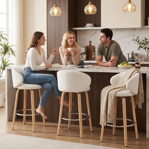 Vista 3 de HEAH-YO Juego de 2 taburetes de bar modernos de 26 pulgadas de altura de mostrador con respaldo de barril y patas de madera, taburete de cocina