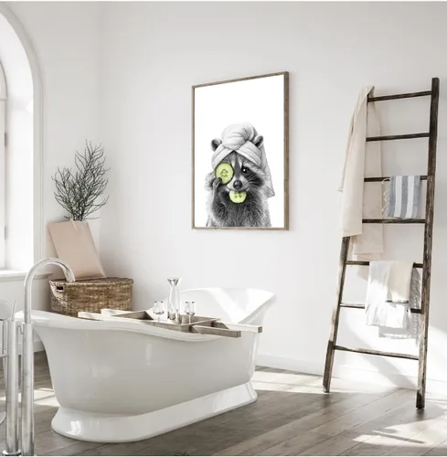Vista 6 de Adorable póster artístico de mapache para baño, divertido póster de decoración de pared en blanco y negro, impresiones en lienzo de animales lindos