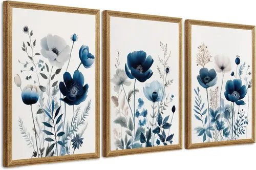 Vista 12 de DUWQU 3 piezas de arte de pared en lienzo floral azul marino, marco de madera azul marino, flores silvestres lirio, margaritas, decoración de pared