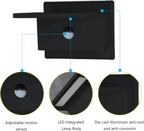 Vista 5 de Lustrlach Paquete de 2 apliques de pared para exteriores con sensor de movimiento, LED negro, IP54, impermeable, 680 lúmenes, para patio, porche