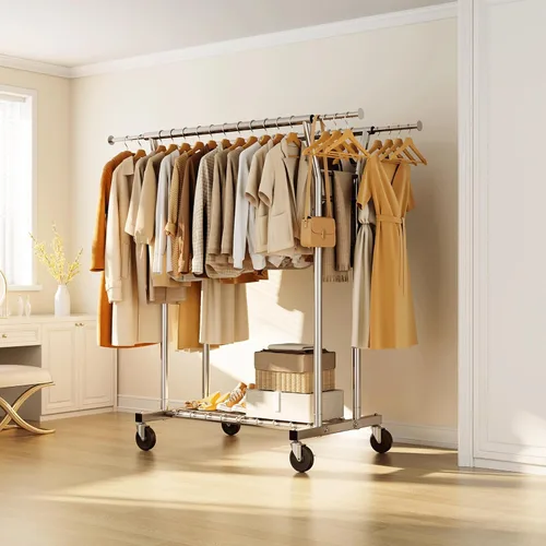 Vista 8 de HYSEYY Perchero de ropa resistente, perchero con ruedas para colgar ropa con estantes, carga de 700 libras, armario portátil con ruedas