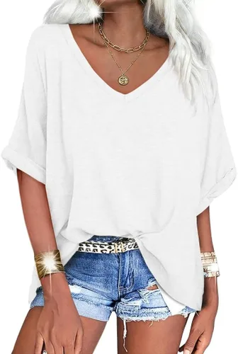 Vista 35 de UNCLECAT Camisetas de gran tamaño con cuello en V para mujer, camisas de manga corta de verano, holgadas, casuales