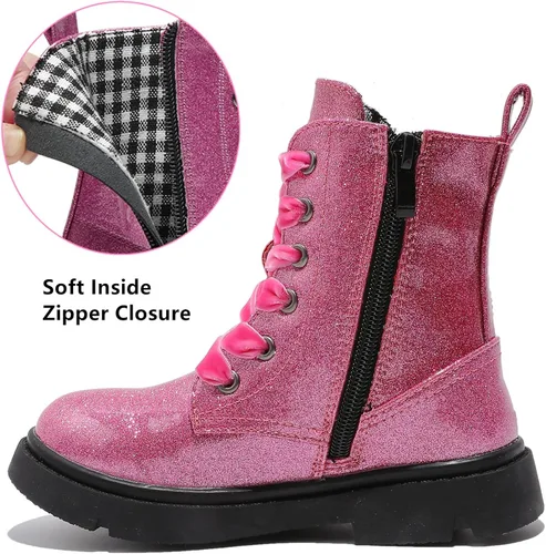 Vista 4 de DADAWEN Botas de tobillo con purpurina para niños y niñas, zapatos de combate impermeables con cremallera lateral para niños pequeños, niños grandes