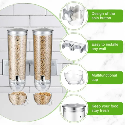 Vista 3 de Huwena 4 juegos de contenedores de cereales, 3 litros cada juego, dispensador de cereales montado en la pared, dispensador de alimentos secos