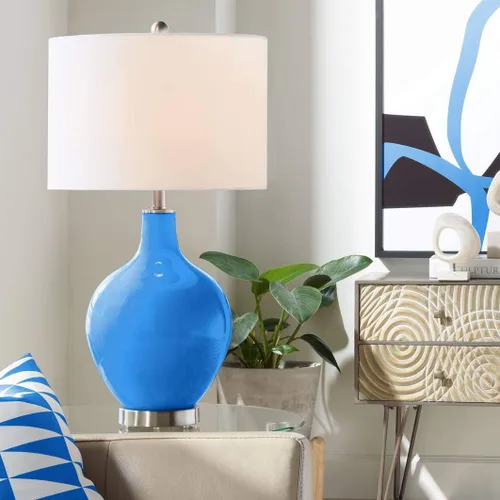 Vista 18 de Color + Plus Lámpara de mesa moderna de 28.5 pulgadas de alto, cristal azul Mónaco OVO blanco con pantalla de tambor de lino para sala de estar