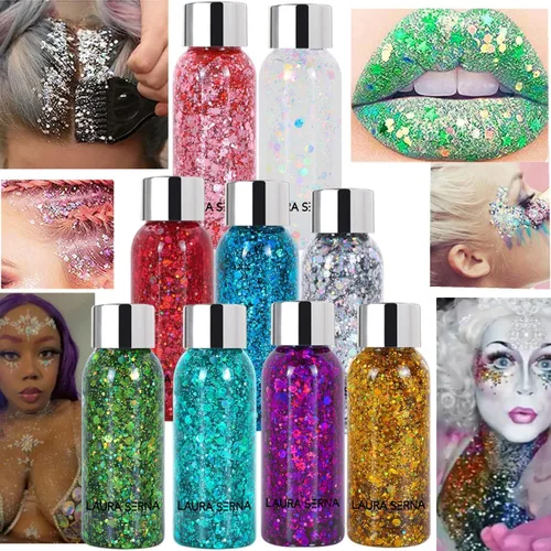 Vista 2 de Paquete de 9 unidades de gel de purpurina corporal, lentejuelas de sirena, purpurina gruesa, para el cabello, uñas, labios, loción brillante