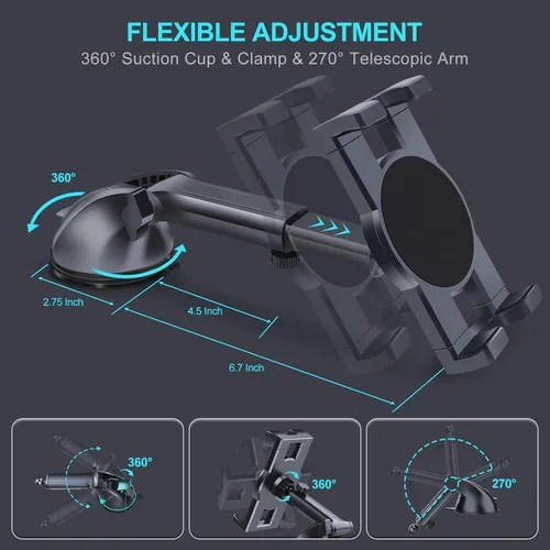 Vista 4 de Vadaxx Soporte para tablet de automóvil y parabrisas, soporte giratorio de 360° para iPad Pro 12.9/11/10.5/Air/Mini 6/5/4, Galaxy Tab, iPhone 16/15
