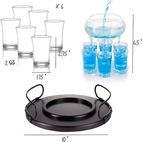 Vista 2 de Bezrat Juego de regalo dispensador de vidrio de chupito, bandeja de madera rica de caoba para servir - Dispensador y soporte de vidrio acrílico de 6