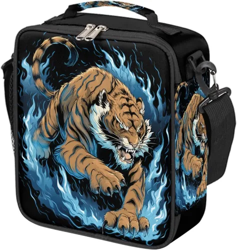 Vista 27 de Pardick Divertida bolsa de almuerzo aislada con calavera de fuego para adolescentes y niños, lonchera portátil reutilizable con correa