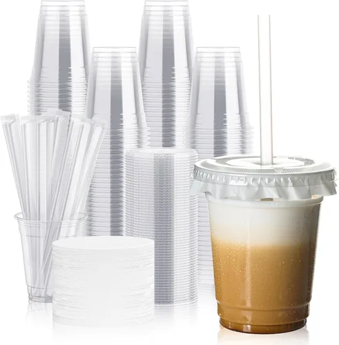 Vista 12 de JOLLY CHEF 200 juegos de vasos de plástico transparente de 9 onzas con tapas de cúpula y forros de papel, vasos de postre de plástico con tapas