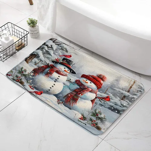 Vista 2 de Tapete de baño con diseño de muñeco de nieve de Feliz Navidad, acuarela, granja, pájaro, pino, rama, copo de nieve, antideslizante, tapete de baño
