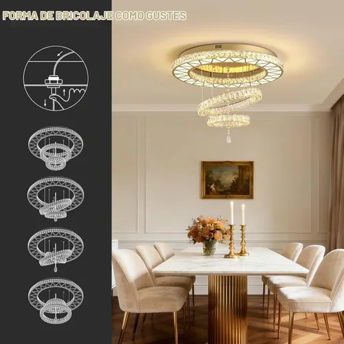 Vista 2 de Siljoy Candelabros de cristal dorado de 32 pulgadas, 3 anillos LED de montaje empotrado, lámparas de techo regulables para sala de estar, comedor