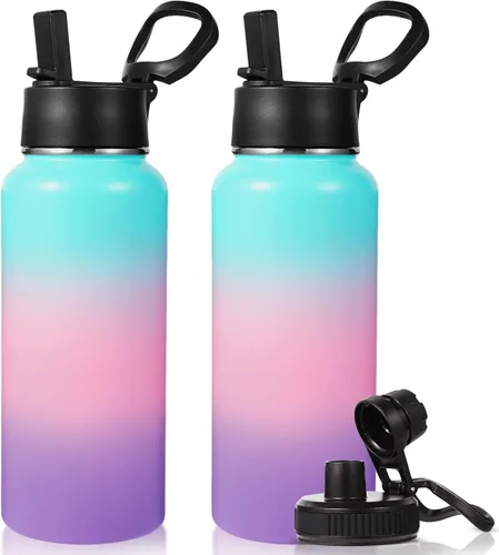 Vista 31 de Neihepal Botella de agua aislada de 32 onzas con 2 tapas (tapa con pajilla y boquilla), botellas de agua de doble pared de acero inoxidable 18/8