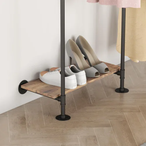 Vista 8 de KaKaBB Perchero industrial de tubería, perchero de pared para colgar ropa, perchero de esquina ajustable en forma de L con estantes, sistema de Negro