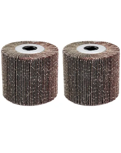 Vista 7 de QWORK Rueda de lijado de solapa, paquete de 2 ruedas de pulido de trefilado, cepillo de pulido de tambor de óxido de aluminio, 4.5 x 4 pulgadas