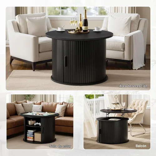 Vista 7 de FABATO - Mesa de centro redonda con tapa de elevación acanalada, puerta corredera, color negro Small Coffee Table with Fluted Sliding Door, Hidden