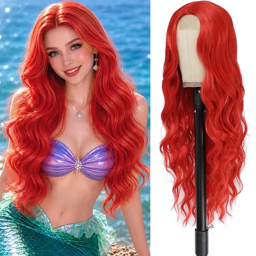 Vista 26 de Peluca larga de cobre para cosplay, peluca sintética de 26 pulgadas, parte media, regalos realistas, pelucas de fiesta para mujeres, uso diario