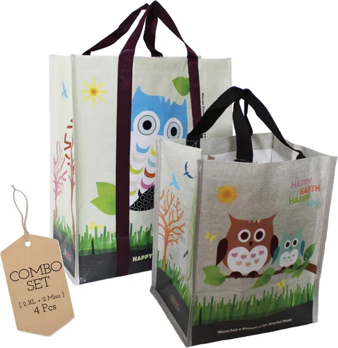 Vista 6 de Juego combinado laminado XL y mini bolsas de compras reutilizables tejidas para comestibles, hechas con un mínimo de 95% de plástico reciclado