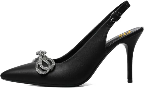 Vista 2 de Zapatos de tacón medio con punta de diamantes de imitación para mujer, con nudo, lazo, tacón medio, sexy, para uso diario, oficina, talla 4-16