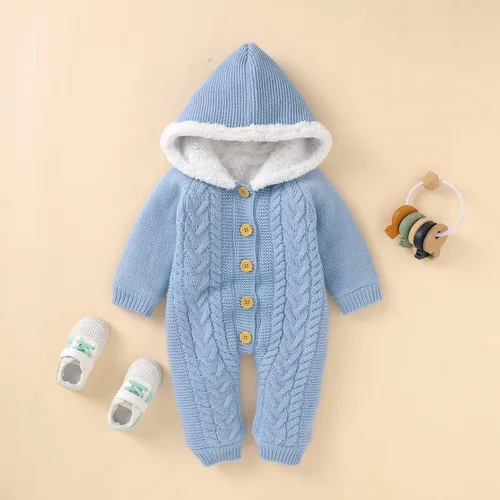 Vista 3 de puseky Mameluco de vellón de punto para bebé recién nacido, con capucha, de una pieza, para exteriores, Azul Patchwork, 0-6 meses