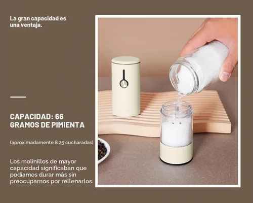 Vista 4 de Juego de molinillo eléctrico recargable de acero inoxidable para sal y pimienta, carga USB con cubierta antipolvo, 6 modos de molienda ajustables +