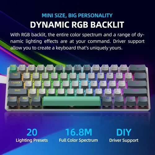 Vista 3 de Machenike K500A-B61W Teclado mecánico inalámbrico para juegos al 60%, interruptor rojo lineal ultracompacto intercambiable en caliente
