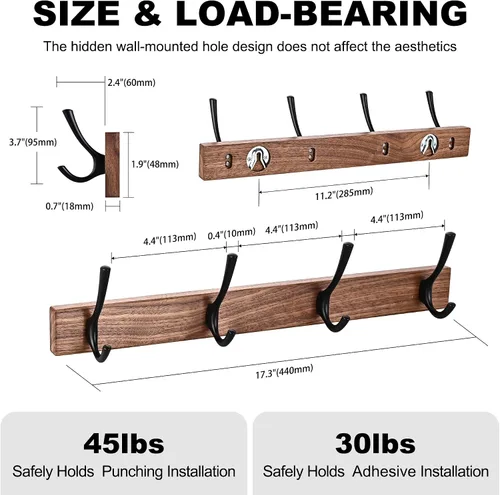 Vista 4 de Perchero de pared pequeño de madera de nogal de 17.3 pulgadas con 4 ganchos, colgador de chaquetas de madera resistente montado en puerta