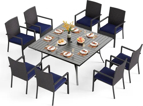 Vista 24 de PHI VILLA Juego de comedor al aire libre de 5 piezas para 4, mesa de comedor cuadrada de metal y sillas de mimbre de ratán con cojines, muebles