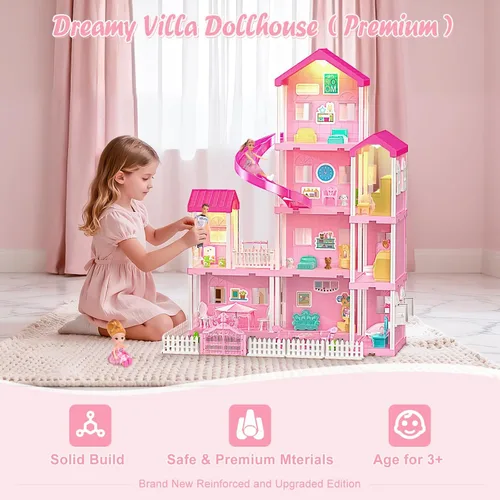 Vista 2 de Juego de casa de muñecas de ensueño para niñas, casa de muñecas de princesa con 4 pisos, 10 áreas, 2 muñecas, luces, mascotas, muebles y accesorios