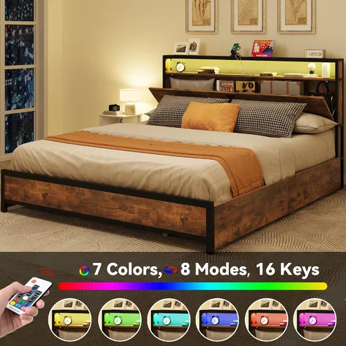 Vista 4 de YITAHOME Base de cama tamaño King con cabecera de almacenamiento, cama de plataforma con 4 cajones, marco de cama LED con puertos USB y salidas