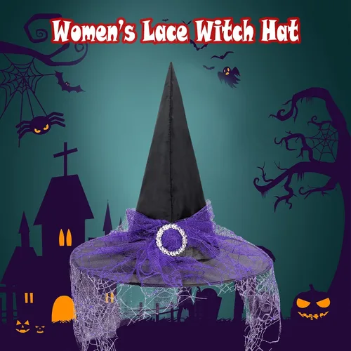 Vista 13 de Zando Sombreros de bruja de encaje para mujer, accesorios de disfraz de Halloween, accesorios de disfraz de bruja plegables para colgar