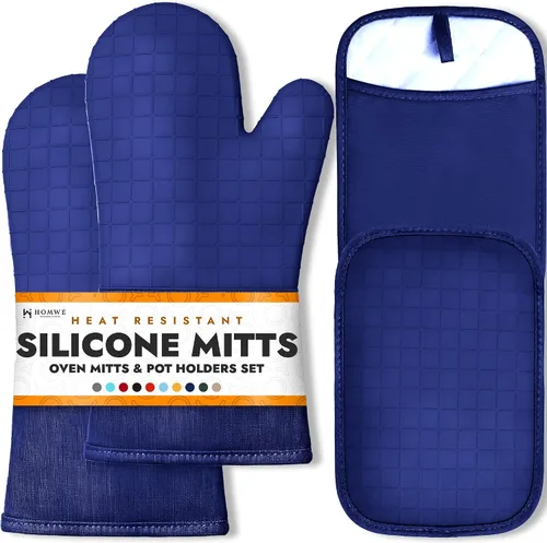 Vista 30 de HOMWE - Manopla de horno profesional y extralarga de silicona, guantes con forro acolchado, agarraderas resistentes al calor, guantes flexibles
