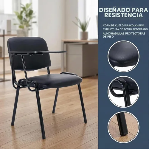 Vista 6 de HNY Juego de 5 sillas negras con brazo para tableta, cómodas de poliuretano, para oficina, sala de espera, apilables, sillas de recepción con mesa