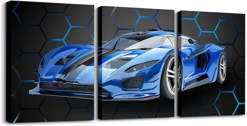 Vista 40 de Feelyou Cuadro azul de carreras para pared, 12 x 16 pulgadas, 3 piezas de autos deportivos de velocidad, lienzo para decoración de pared, diseño