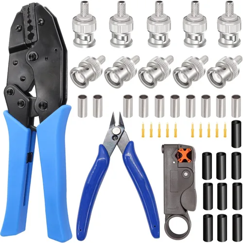 Vista 7 de Taiss Kit de herramientas para cable coaxial BNC con herramienta de crimpado, 10 piezas de conector de crimpado macho BNC, pelacables coaxiales