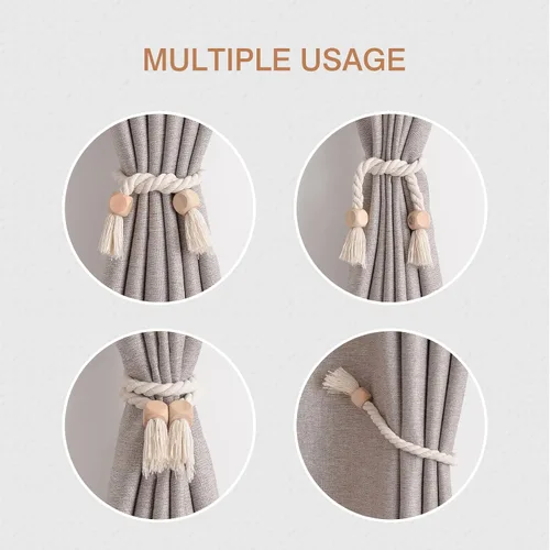 Vista 6 de NICEEC 2 Pack de Alzapaños Magnéticos de Madera en Forma de Cubo Boho para Decoración del Hogar, Alzapaños de Lino Tejidos a Mano para Cortinas Beige