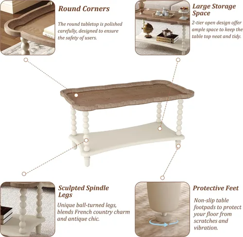 Vista 8 de Function Home - Mesa de centro de granja, mesa rústica blanca de estilo francés con estante de almacenamiento, mesas de centro de madera para sala