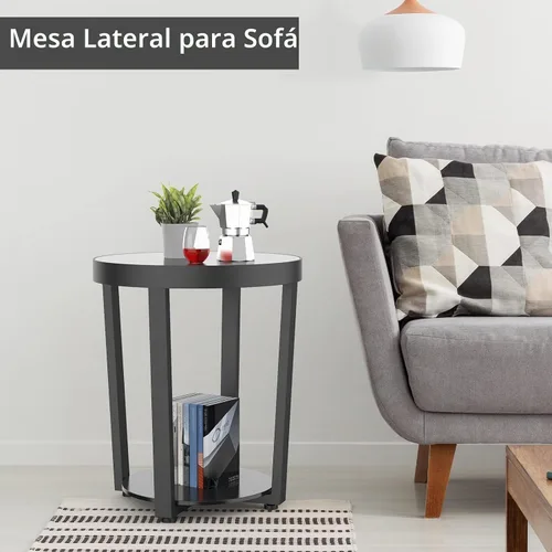 Vista 6 de Mesa auxiliar redonda, mesa auxiliar de vidrio templado con marco de metal, mesa de centro pequeña, mesa auxiliar negra para sala de estar, balcón