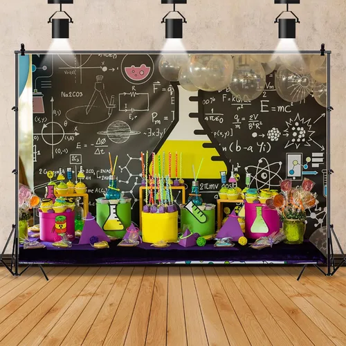 Vista 3 de AOFOTO Telones de fondo creativos de 6 x 4 pies para fotos, química, pizarra, tubos de ensayo, globos, pasteles, dulces, fotografía, fondo de niño