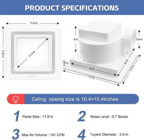 Vista 2 de Extractor de baño con luz, 141 CFM 0.7 Sones, diseño de cableado integrado
