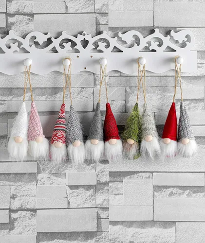 Vista 6 de Juego de 10 gnomos colgantes para árbol de Navidad, gnomos de felpa suecos hechos a mano, Papá Noel, elfo, decoración para el hogar, decoración