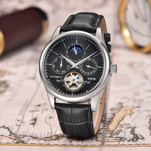 Vista 3 de LIGE Relojes mecánicos de lujo para hombre, reloj de pulsera automático de cuero blanco dorado