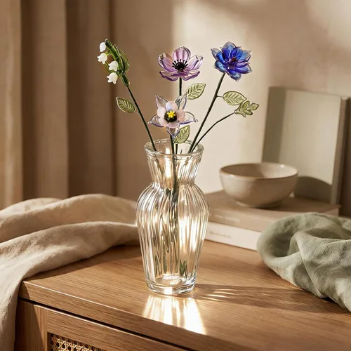 Vista 2 de HunnmingRe 5 piezas de flores de vidrio con jarrón, decoración de flores de mes de nacimiento de mayo, ramo de flores de cumpleaños de vidrio