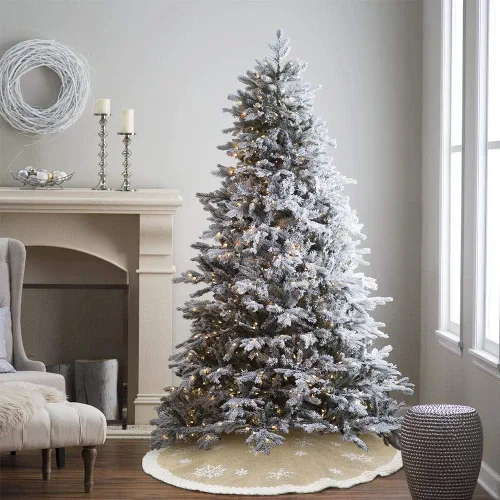Vista 6 de AerWo Falda de árbol de Navidad de 48 pulgadas con copo de nieve blanco, falda de árbol de arpillera con lados de piel, faldas de árbol de Navidad