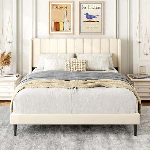 Vista 23 de Gruwans Base de cama de tamaño individual con cabecera tapizada con respaldo de ala, plataforma de fácil montaje, soporte de listones de madera,