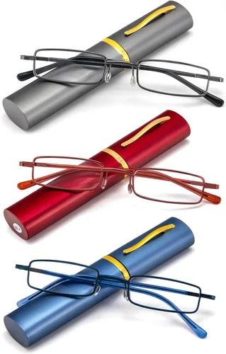 Vista 13 de REAVEE - 2 unidades de gafas de lectura con bolígrafo delgado para hombres y mujeres, tamaño pequeño de bolsillo, tubo con bisagra de resorte