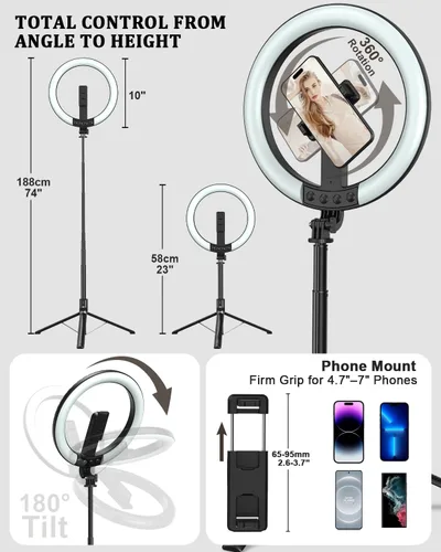 Vista 5 de Kit de vlogging para iPhone/Android, anillo de luz de 10 pulgadas con soporte, trípode de 74 pulgadas para iPhone con luz, micrófono, kit de inicio