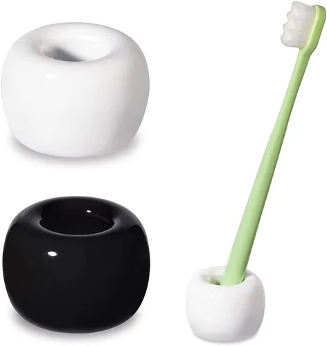 Vista 8 de Mini soporte para cepillos de dientes de cerámica para encimera de tocador de baño, cabezal de cepillo de dientes hecho a mano y soporte para Negro