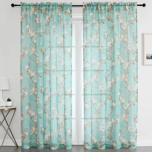 Vista 14 de SMILE WEAVER 2 paneles de cortinas traslúcidas turquesa de 45 pulgadas de largo, para sala de estar, cortinas semitransparentes florales